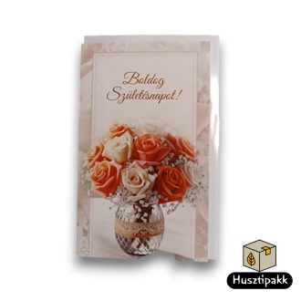   Képeslap - Boldog Születésnapot! - Rózsacsokor üveg vázában szalaggal E