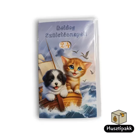 Képeslap - Boldog Születésnapot! - Állítható számok, Kutya, cica hajón CC