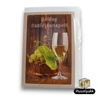   Képeslap -  Boldog Születésnapot! - Fehér szőlő kosárban,  boros pohár D