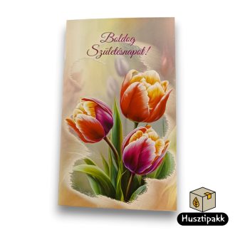   Képeslap - Boldog Születésnapot! - Rózsaszín, színes tulipánok E