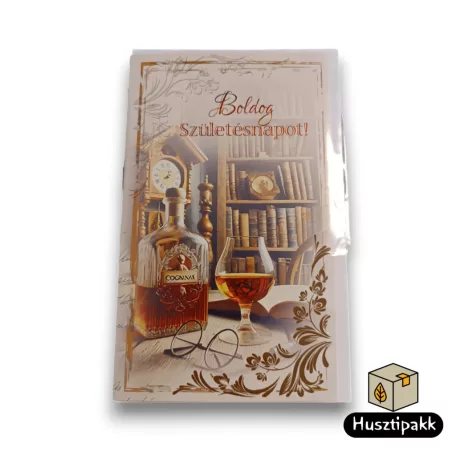 Képeslap - Boldog Születésnapot! - Cognac üveg és pohár, szemüveg E