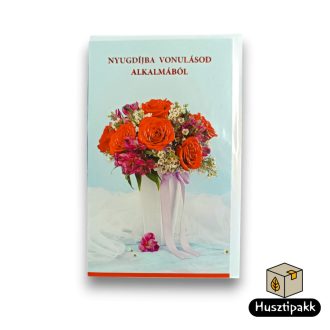   Képeslap - Nyugdíjba vonulásod alkalmából - Piros virágcsokor fehér vázában, lila szalag B