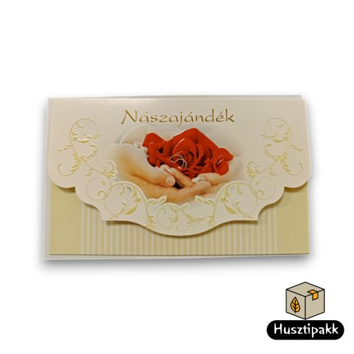 Képeslap - Nászajándék- Piros rózsaszirom kézben tartva, gyűrűk C
