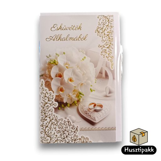 Képeslap - Esküvőtök Alkalmából - Fehér orchidea csokor, gyűrűk gyűrűpárnán CC