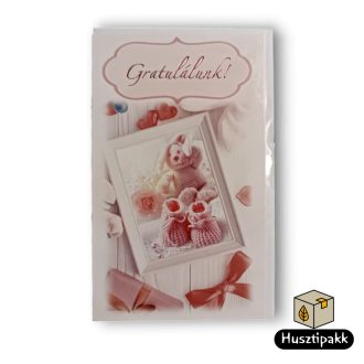   Képeslap - Gratulálunk! - Rózsaszín kötött babacipő képkeretben E