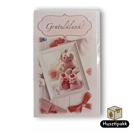 Képeslap - Gratulálunk! - Rózsaszín kötött babacipő képkeretben E