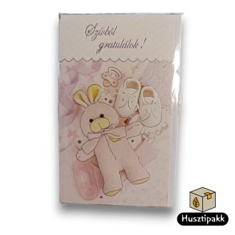   Képeslap - Szívből Gratulálok! - Rózsaszín plüssnyuszi B