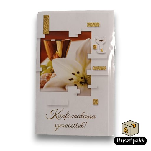 Képeslap - Konfirmálásra szeretettel! - Fehér virág, aranykehely CC