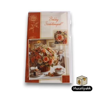   Képeslap - Boldog Születésnapot! - Rózsacsokor kosárban, torta, tea E