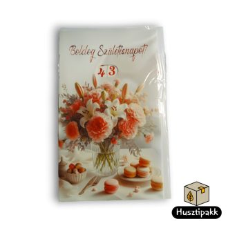   Képeslap - Boldog Születésnapot! - Állítható számok, rózsaszín-fehér virágcsokor, üvegvázában, macaronok CC