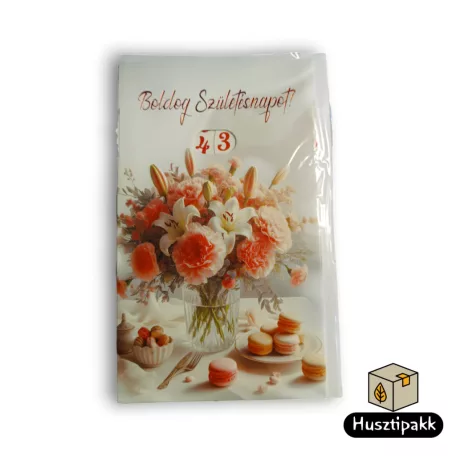 Képeslap - Boldog Születésnapot! - Állítható számok, rózsaszín-fehér virágcsokor, üvegvázában, macaronok CC