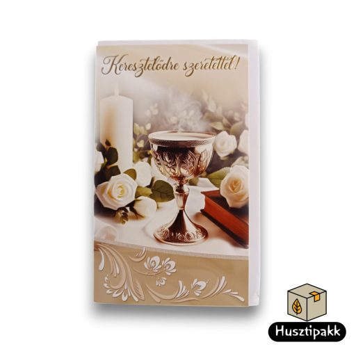 Képeslap - Keresztelődre szeretettel! - Kehely, biblia, fehér rózsák, gyertya CC