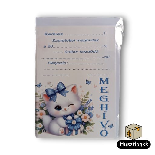Képeslap meghívó - Cica kék szalaggal