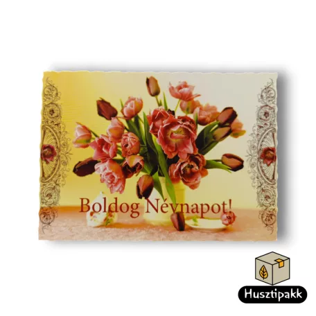 Képeslap - Boldog Névnapot! - Tulipánok fehér kasban - 1 lap