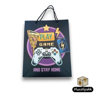   Ajándéktáska - Fekete alapon kontroller, PLAY GAME AND STAY HOME felirattal, nagy (zsinórfüles), 32x26cm