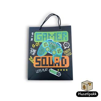   Ajándéktáska - Fekete alapon kontroller, GAMER SQUAD felirattal, nagy (zsinórfüles), 32x26cm