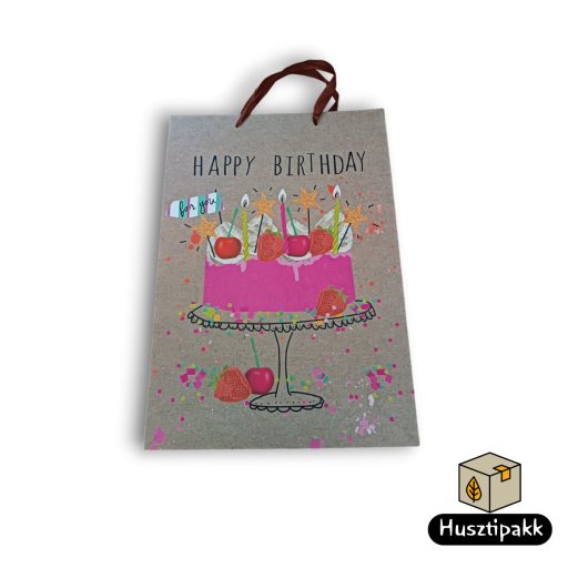Ajándéktáska - Happy Birthday for you felirat tortával, extranagy (zsinórfüles), 30x40cm