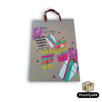   Ajándéktáska - Happy Birthday felirat ajándékokkal, extranagy (zsinórfüles), 30x40cm