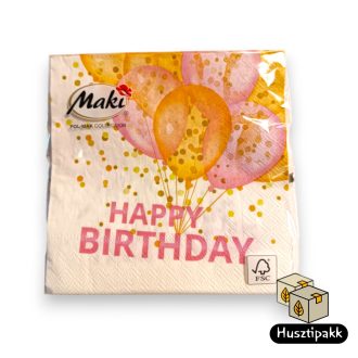   Koktél szalvéta, HAPPY BIRTHDAY rózsaszín lufikkal, 25x25cm 20db