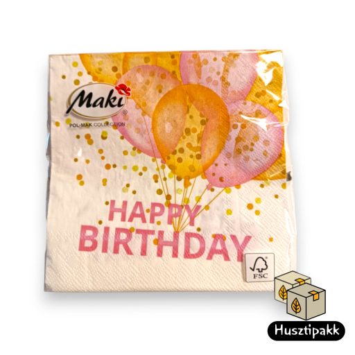 Koktél szalvéta, HAPPY BIRTHDAY rózsaszín lufikkal, 25x25cm 20db