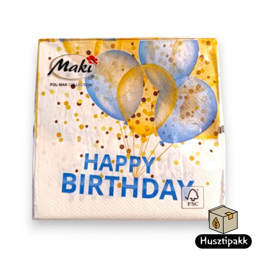 Koktél szalvéta, HAPPY BIRTHDAY kék lufikkal, 25x25cm 20db