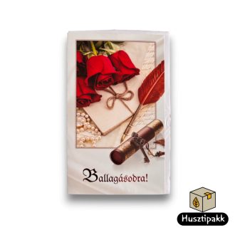   Képeslap - Ballagásodra! felirat piros, piros toll, piros rózsák CC