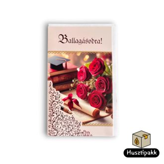   Képeslap - Ballagásodra! felirat piros, toll, piros rózsák, könyvek, piros szalagos levél CC