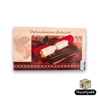   Képeslap - Diplomakiosztás alkalmából felirat piros, oklevél, toll, barna könyv, rózsa B