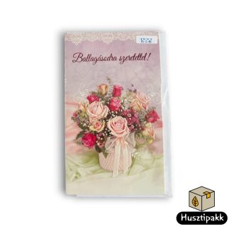   Képeslap - Ballagásodra Szeretettel! felirat piros, rózsaszín rózsacsokor, rózsaszín vázában C