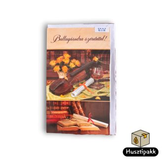   Képeslap - Ballagásodra Szeretettel! felirat piros, hegedű, kotta tekercs C