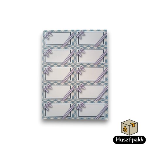 Címke négyzet alakú, Kék kockás, lila masnis 8,5x4,5cm 10db/ív