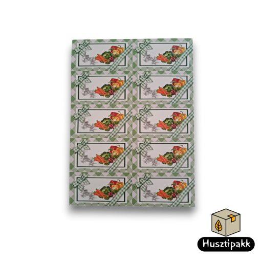 Címke négyzet alakú, Zöldségek, zöld kockás masnis 8,5x4,5cm 10db/ív