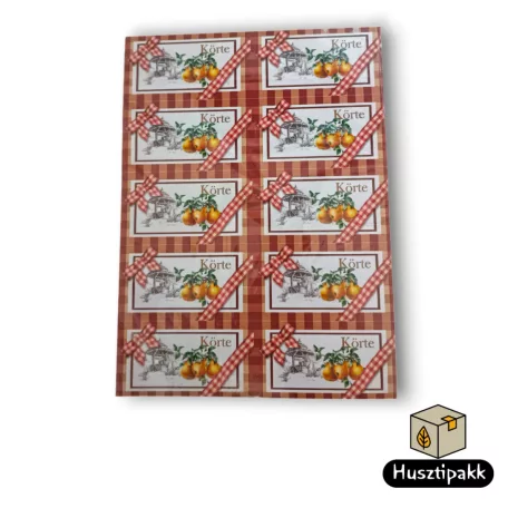 Címke négyzet alakú, Körte, piros kockás masnis 8,5x4,5cm 10db/ív