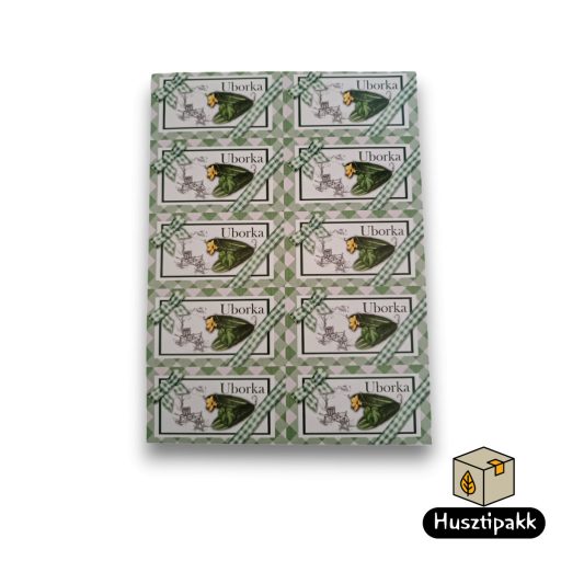 Címke négyzet alakú, Uborka, zöld kockás masnis 8,5x4,5cm 10db/ív