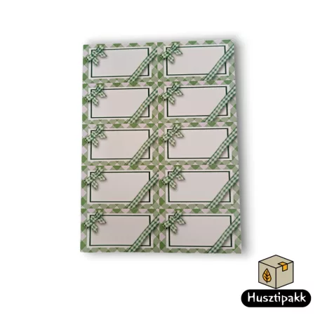 Címke négyzet alakú, Üres, zöld kockás masnis 8,5x4,5cm 10db/ív