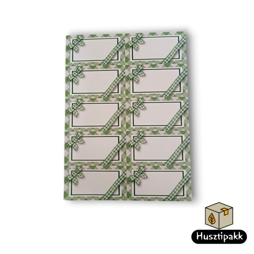Címke négyzet alakú, Üres, zöld kockás masnis 8,5x4,5cm 10db/ív