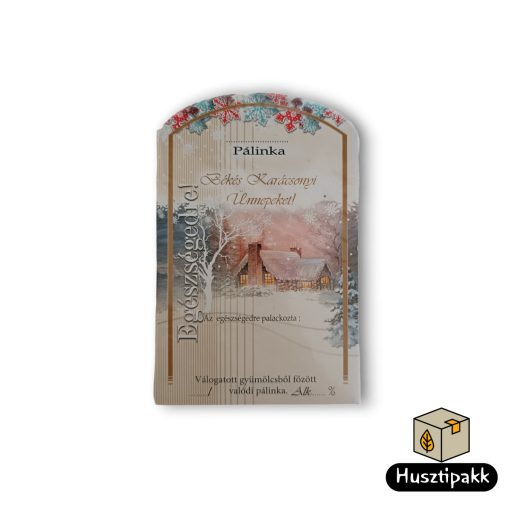 Pálinka címke - Békés Karácsonyi Ünnepeket! felirat, színes hópehlyhek,  ház 10db