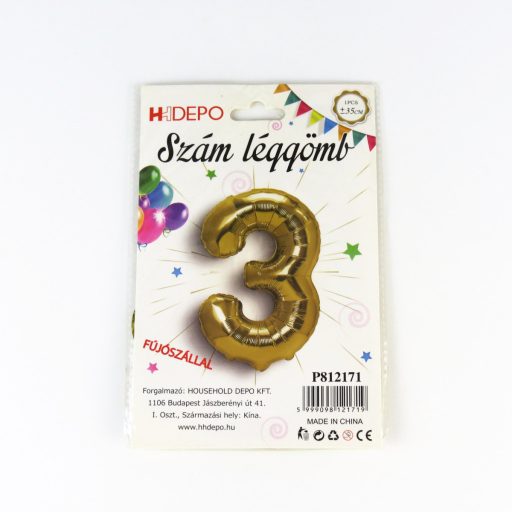 Fólia lufi szám 3, Arany, 40cm