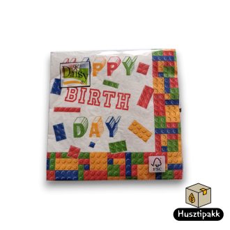 Szalvéta mintás, lego mintás - happy birthday, 33x33 20db