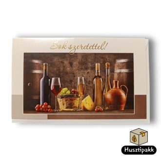   Képeslap - Sok szeretettel! - Boros üvegek, poharak, hordók, szőlő, sajt B