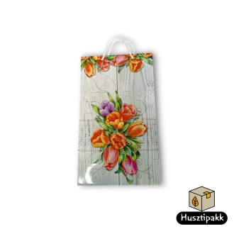   Ajándéktáska - Szürke alapon színes tulipánok, nagy (zsinorfüles), 37x22cm