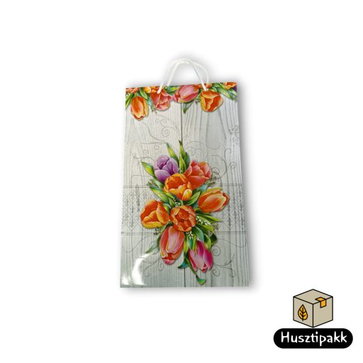 Ajándéktáska - Szürke alapon színes tulipánok, nagy (zsinorfüles), 37x22cm