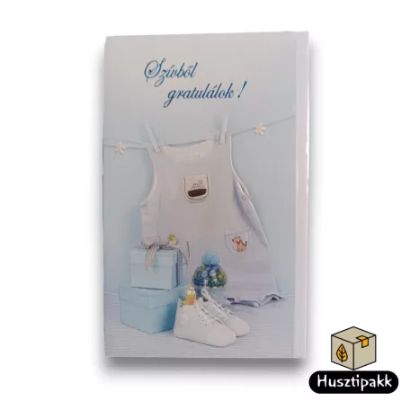 Képeslap - Szívből Gratulálok! - Kék, kék felső csipesz, papírdoboz, cipő B
