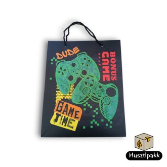   Ajándéktáska - Fekete alapon kontroller, GAME TIME felirattal, nagy (zsinórfüles), 32x26cm