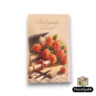   Képeslap - Ballagásodra Szeretettel - kalap, könyvek, rózsák, tollak B