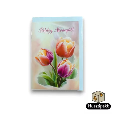 Képeslap - Boldog névnapot! - Három tulipán, lila D