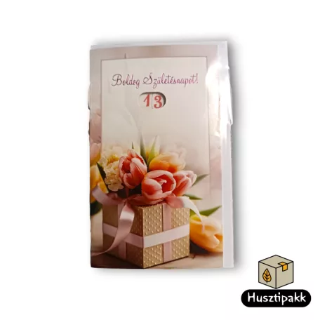 Képeslap - Boldog Születésnapot! - Ajándékdobozban tulipánok, rózsaszín szalag E