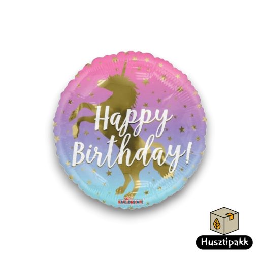 Fólia lufi - Happy Birthday - Unikornis, rózsaszín-lila-kék, 46 cm