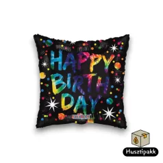  Fólia lufi - Happy Birthday - Négyzet alakú, fekete színes pöttyökkel 46cm