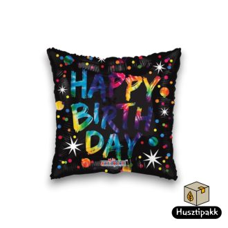   Fólia lufi - Happy Birthday - Négyzet alakú, fekete színes pöttyökkel 46cm